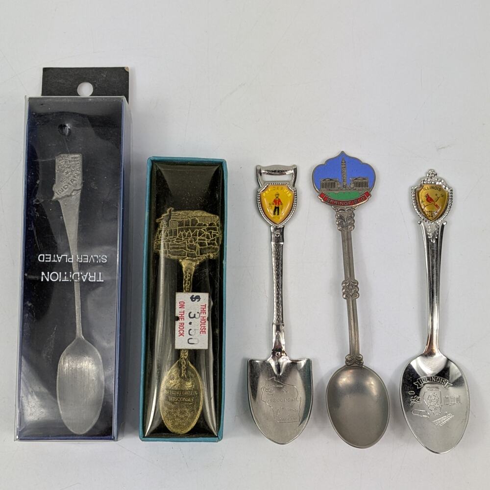 Vintage Souvenir Spoon Lot Indiana Illinois Wisconsin Massachusetts Enamel Decor